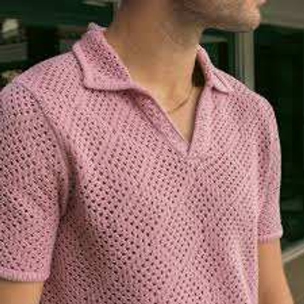 Dandy Del Mar Antibes Crochet Knit Polo Shirt Mens L Dawn Pink Cotton Top NWT